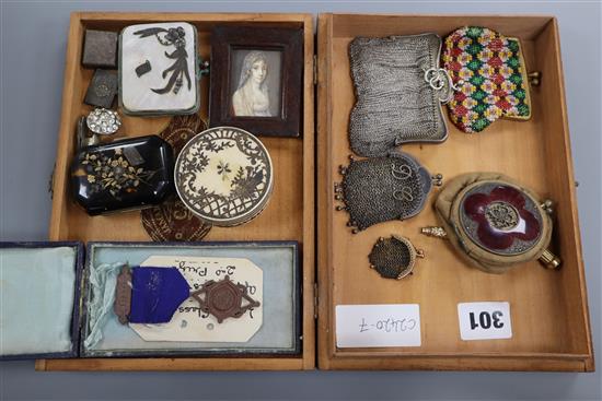 A collection of small items including tortoiseshell pique purse, a mother-of-pearl purse, enamel purse, miniature etc.